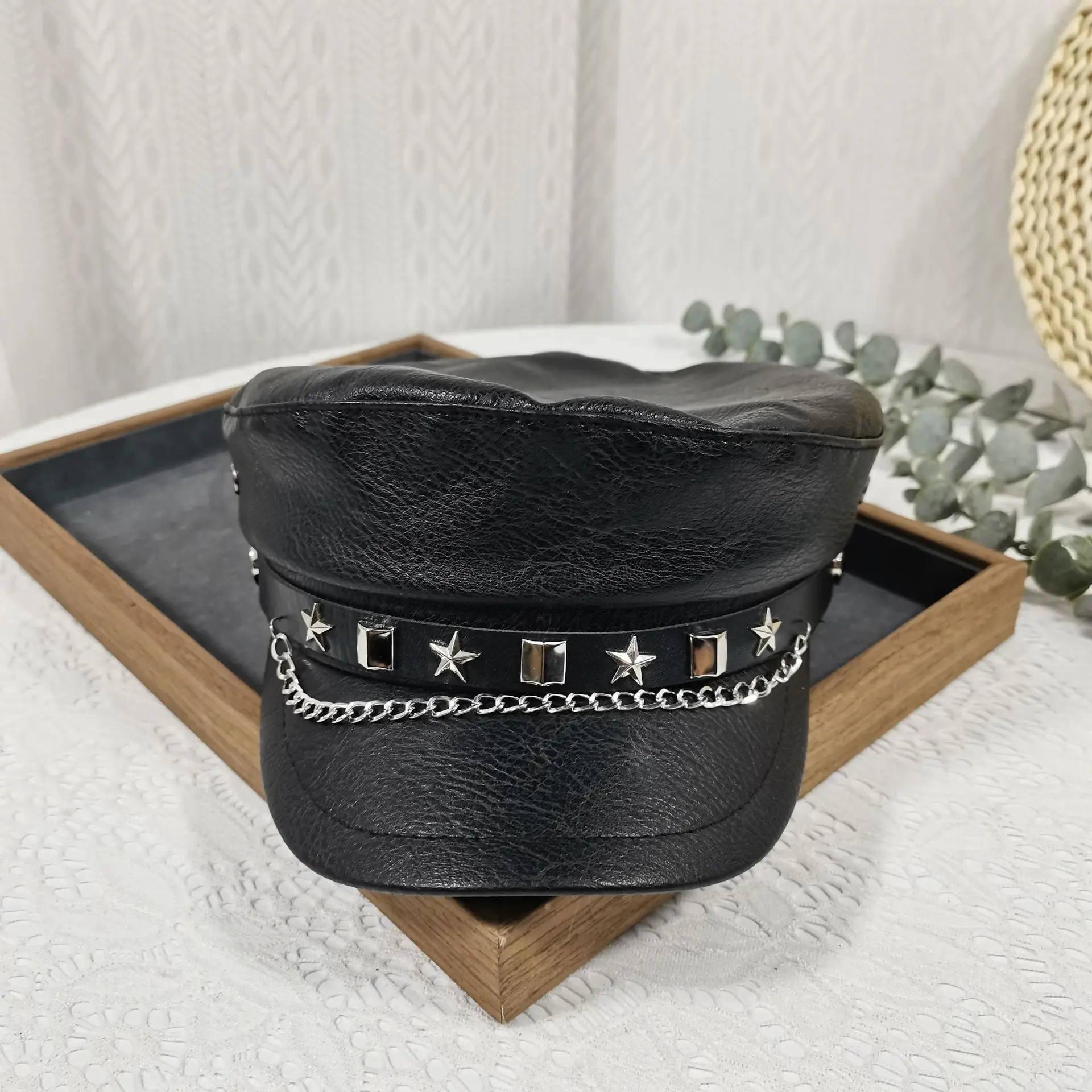 Navy Leather Cap with Chain & Anchor Design - Image 6