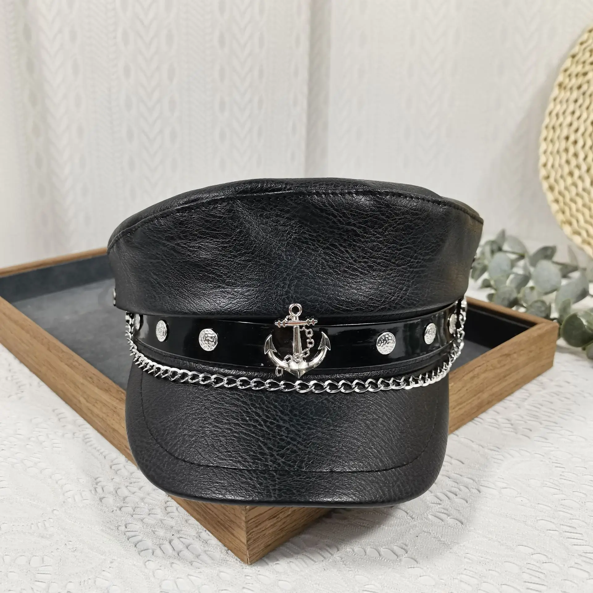 Navy Leather Cap with Chain & Anchor Design - Image 7