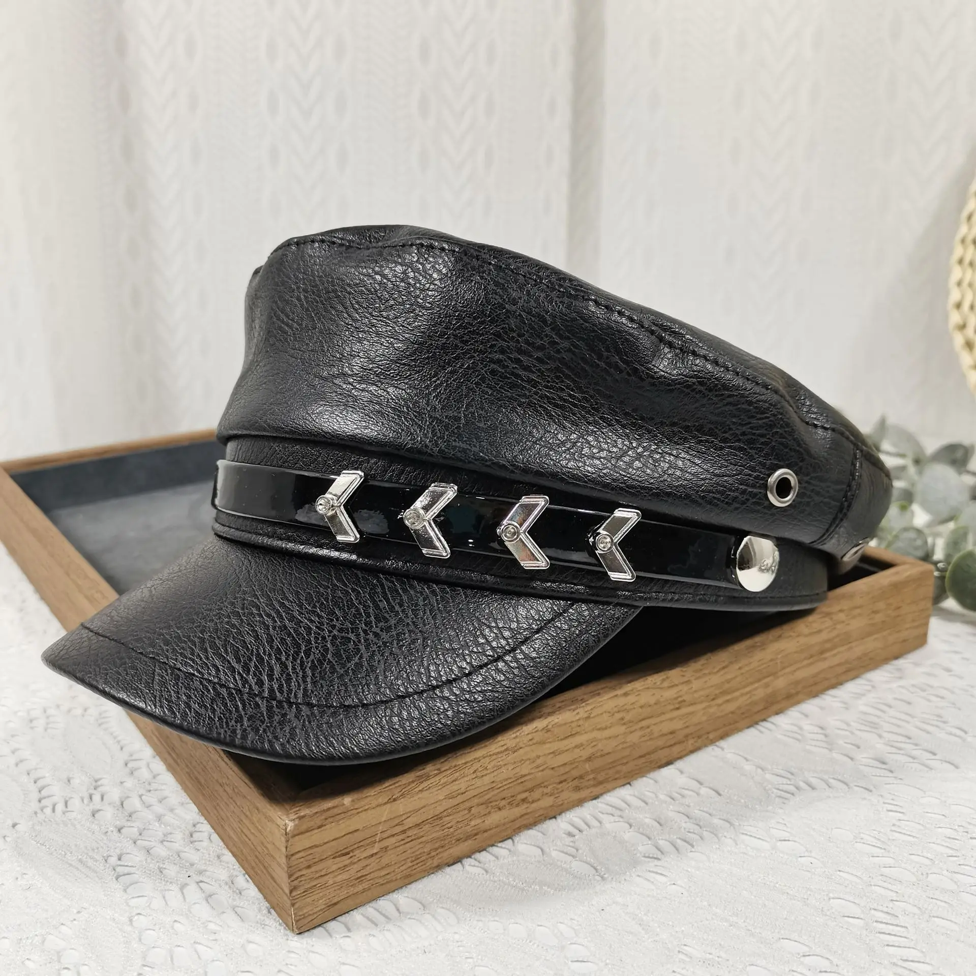 Navy Leather Cap with Chain & Anchor Design - Image 8