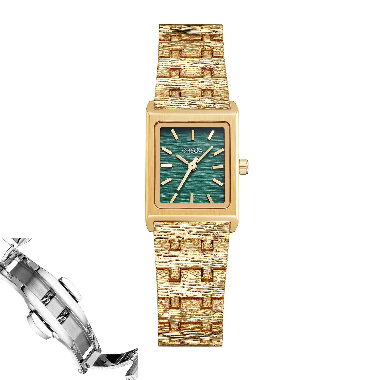 Women's Gold Green Dial Square Watch with Chain Strap - Image 2