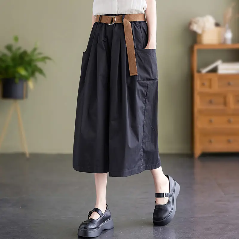Women Loose Fit Cotton Capri Skirt Pants Tan