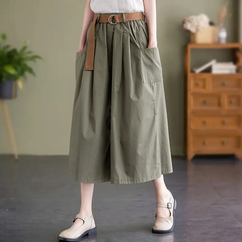 Women Loose Fit Cotton Capri Skirt Pants Tan