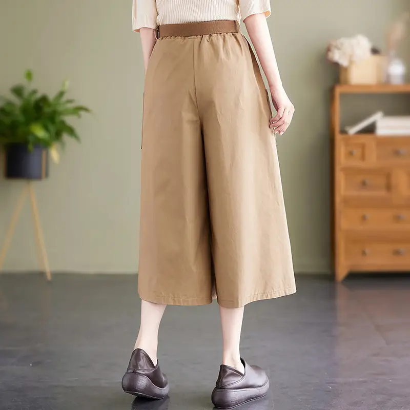 Women Loose Fit Cotton Capri Skirt Pants Tan