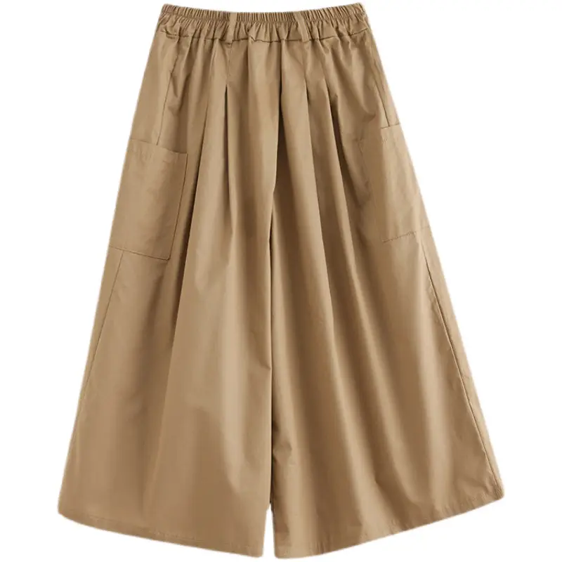 Women Loose Fit Cotton Capri Skirt Pants Tan
