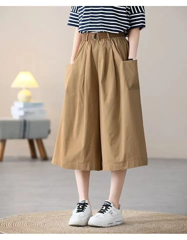 Women Loose Fit Cotton Capri Skirt Pants Tan — feature 10
