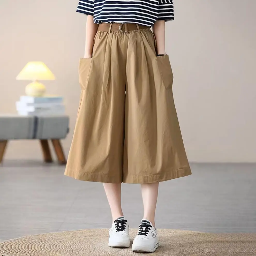 Women Loose Fit Cotton Capri Skirt Pants Tan — feature 11