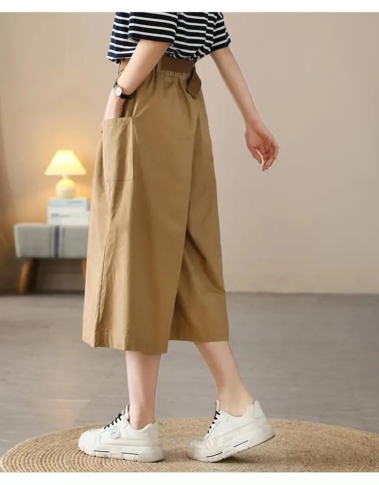 Women Loose Fit Cotton Capri Skirt Pants Tan — feature 12