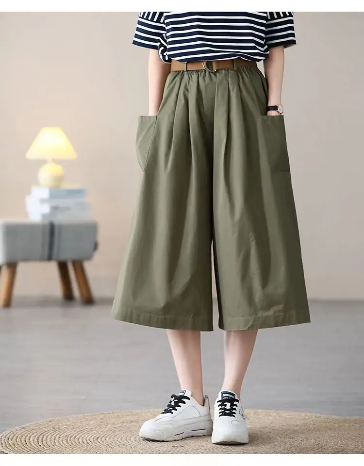 Women Loose Fit Cotton Capri Skirt Pants Tan — feature 13