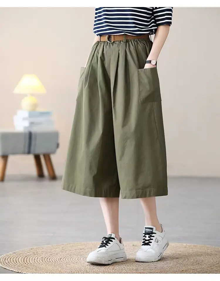 Women Loose Fit Cotton Capri Skirt Pants Tan — feature 14