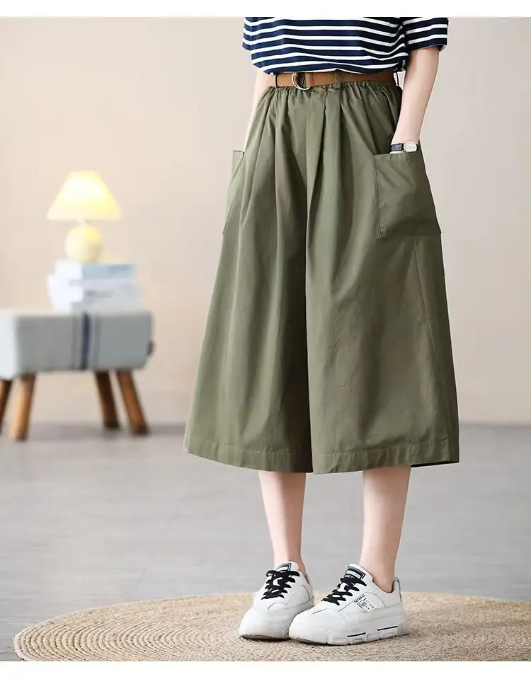 Women Loose Fit Cotton Capri Skirt Pants Tan — feature 15
