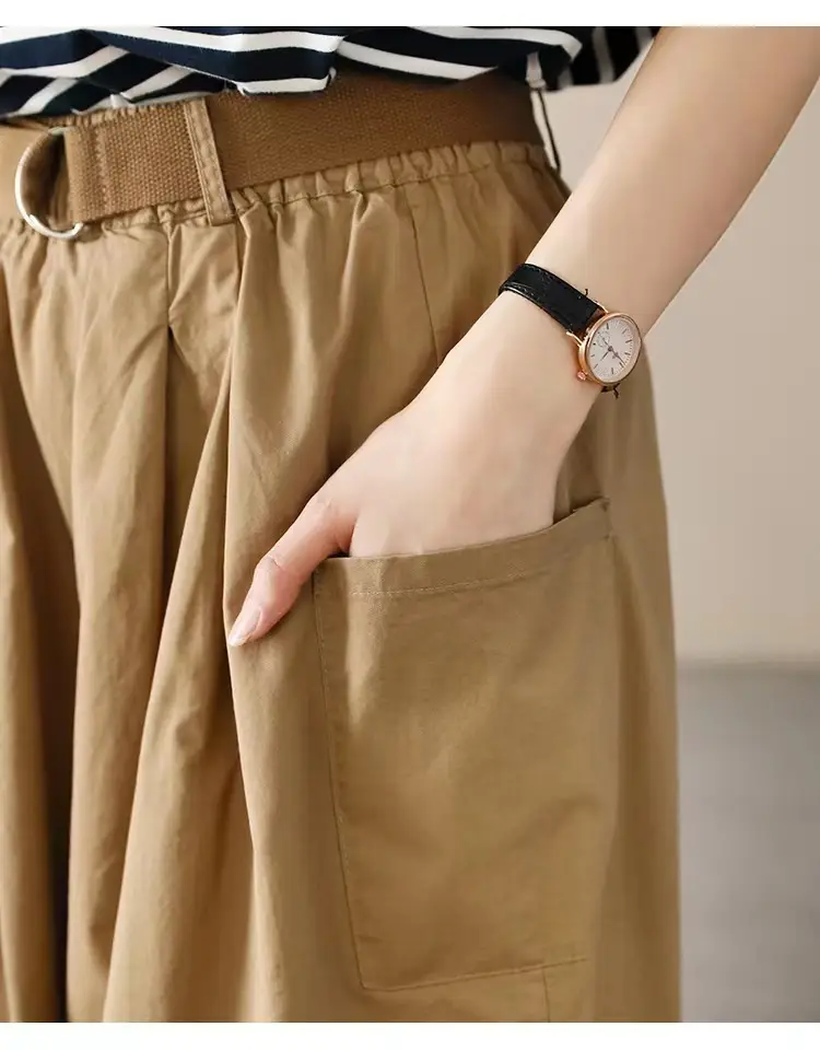 Women Loose Fit Cotton Capri Skirt Pants Tan — feature 7