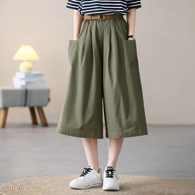 Women Loose Fit Cotton Capri Skirt Pants Tan