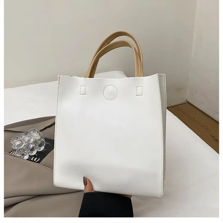 White Satchel Tote Bag with Magnetic Buckle for Women - Image 2