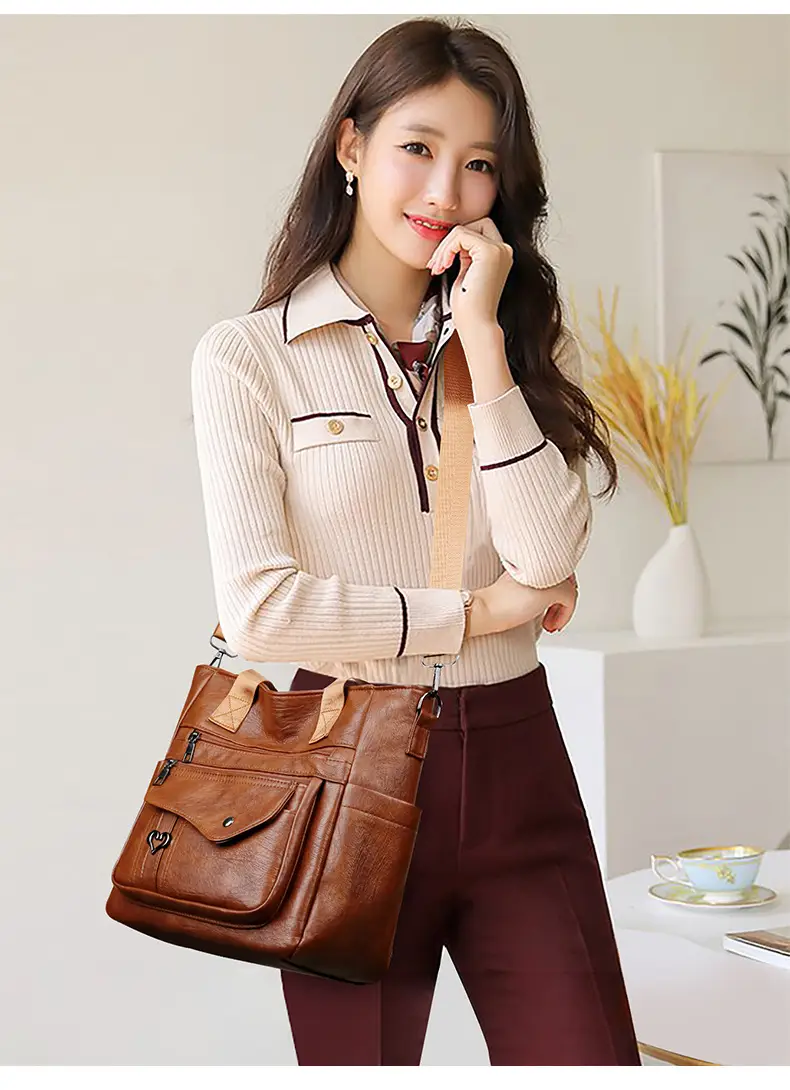 Retro Women's Leather Shoulder Bag Large Capacity Brown — feature 22