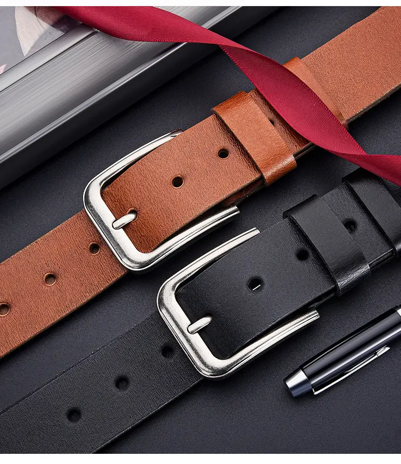 Men's Cowhide Leather Belt with Silver Buckle — feature 6