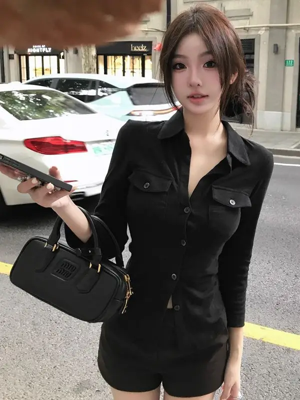 Elegant Pure Style Sexy Lapel Long-sleeved Shirt Women's Spring and Summer Slim-fit Tight Waist Shirt White Cardigan Top Cross-border - Image 5