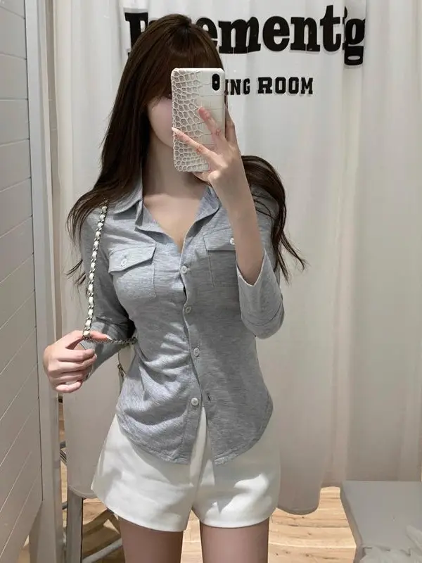Elegant Pure Style Sexy Lapel Long-sleeved Shirt Women's Spring and Summer Slim-fit Tight Waist Shirt White Cardigan Top Cross-border - Image 7