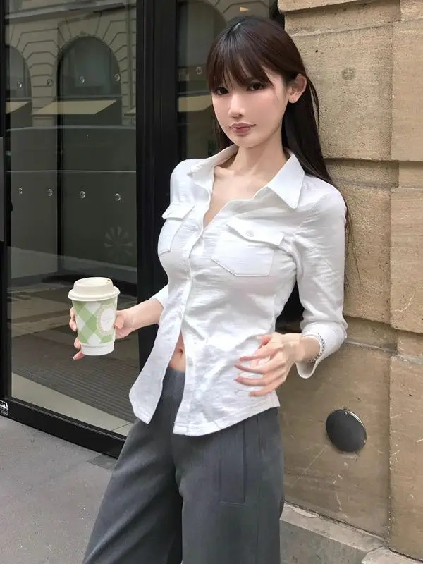 Elegant Pure Style Sexy Lapel Long-sleeved Shirt Women's Spring and Summer Slim-fit Tight Waist Shirt White Cardigan Top Cross-border - Image 8