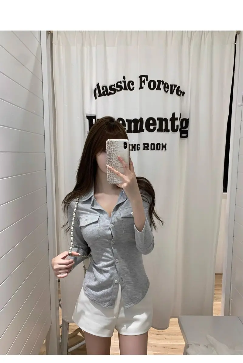 Elegant Pure Style Sexy Lapel Long-sleeved Shirt Women's Spring and Summer Slim-fit Tight Waist Shirt White Cardigan Top Cross-border — feature 11