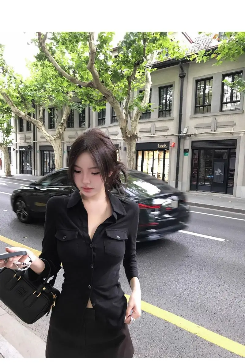 Elegant Pure Style Sexy Lapel Long-sleeved Shirt Women's Spring and Summer Slim-fit Tight Waist Shirt White Cardigan Top Cross-border — feature 13