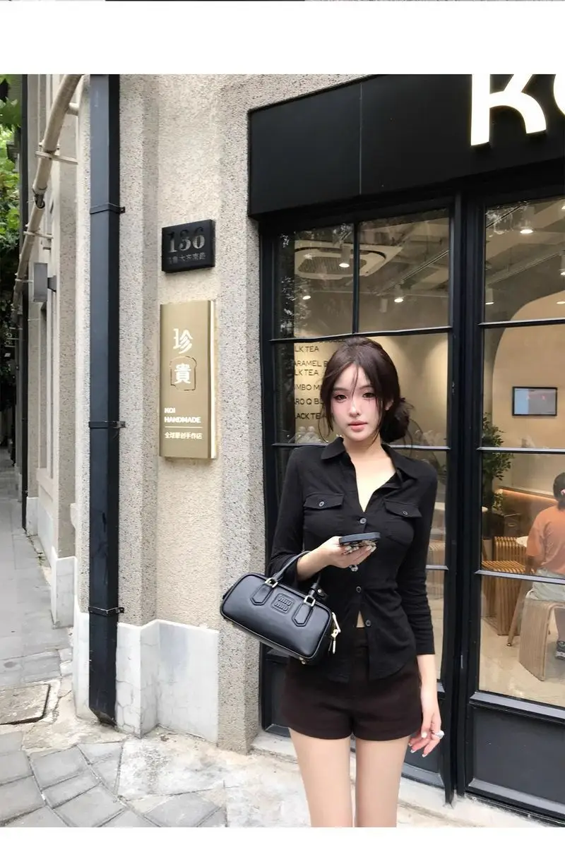 Elegant Pure Style Sexy Lapel Long-sleeved Shirt Women's Spring and Summer Slim-fit Tight Waist Shirt White Cardigan Top Cross-border — feature 14