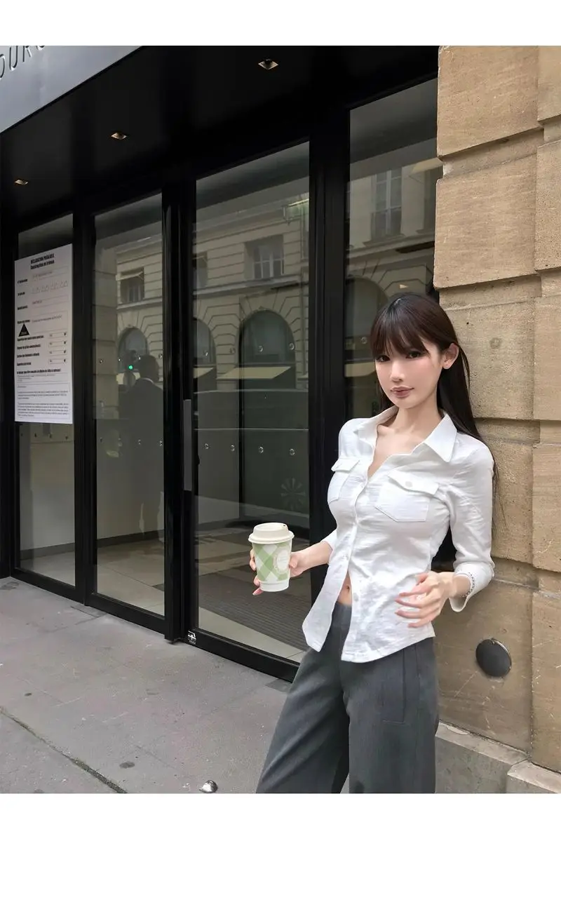 Elegant Pure Style Sexy Lapel Long-sleeved Shirt Women's Spring and Summer Slim-fit Tight Waist Shirt White Cardigan Top Cross-border — feature 18