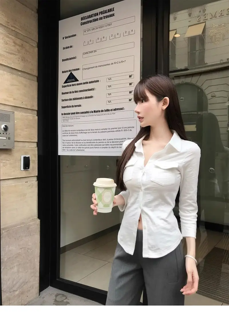 Elegant Pure Style Sexy Lapel Long-sleeved Shirt Women's Spring and Summer Slim-fit Tight Waist Shirt White Cardigan Top Cross-border — feature 19