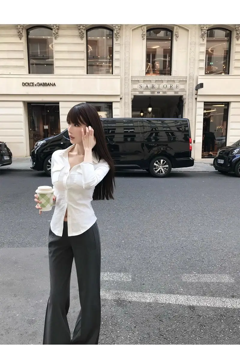 Elegant Pure Style Sexy Lapel Long-sleeved Shirt Women's Spring and Summer Slim-fit Tight Waist Shirt White Cardigan Top Cross-border — feature 21