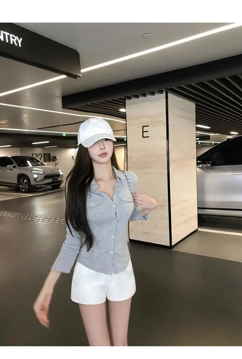 Elegant Pure Style Sexy Lapel Long-sleeved Shirt Women's Spring and Summer Slim-fit Tight Waist Shirt White Cardigan Top Cross-border — feature 23