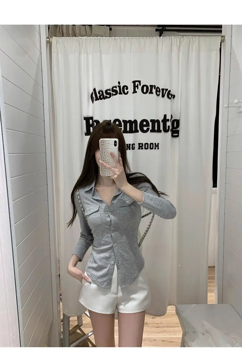 Elegant Pure Style Sexy Lapel Long-sleeved Shirt Women's Spring and Summer Slim-fit Tight Waist Shirt White Cardigan Top Cross-border — feature 24