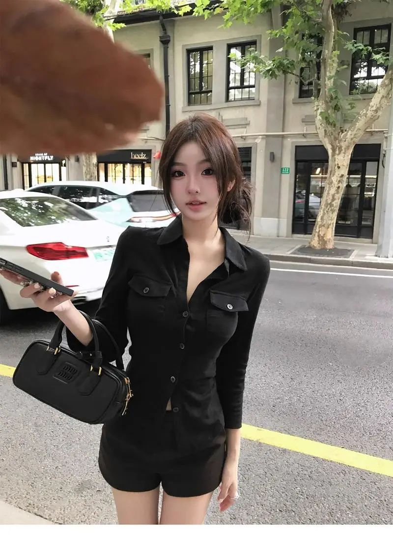Elegant Pure Style Sexy Lapel Long-sleeved Shirt Women's Spring and Summer Slim-fit Tight Waist Shirt White Cardigan Top Cross-border — feature 7