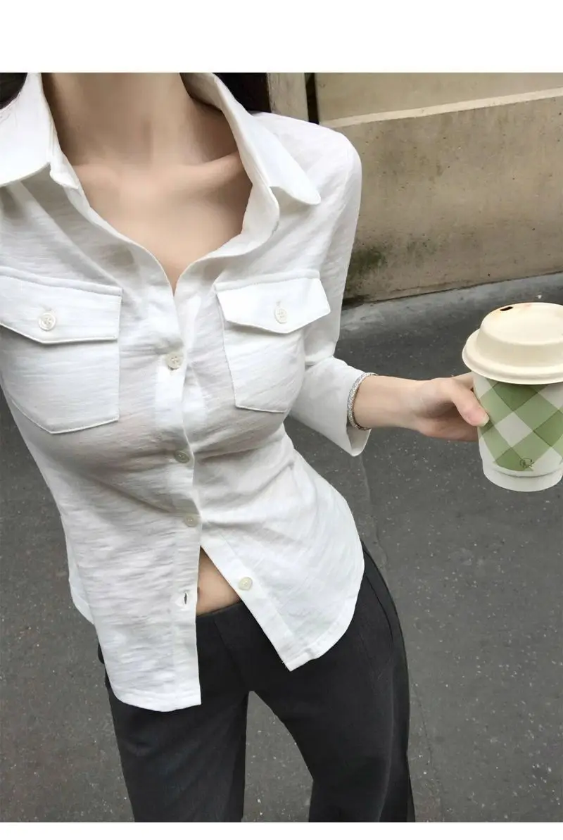 Elegant Pure Style Sexy Lapel Long-sleeved Shirt Women's Spring and Summer Slim-fit Tight Waist Shirt White Cardigan Top Cross-border — feature 9