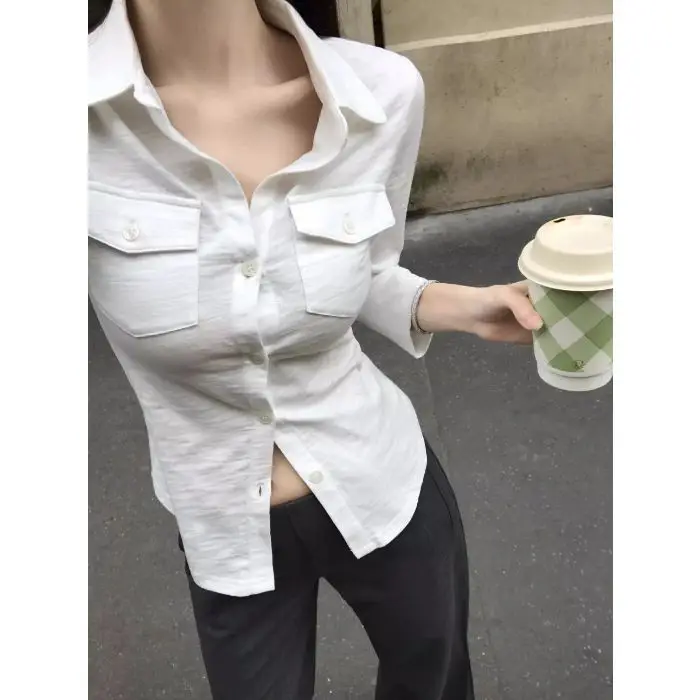 Elegant Pure Style Sexy Lapel Long-sleeved Shirt Women's Spring and Summer Slim-fit Tight Waist Shirt White Cardigan Top Cross-border - Image 2