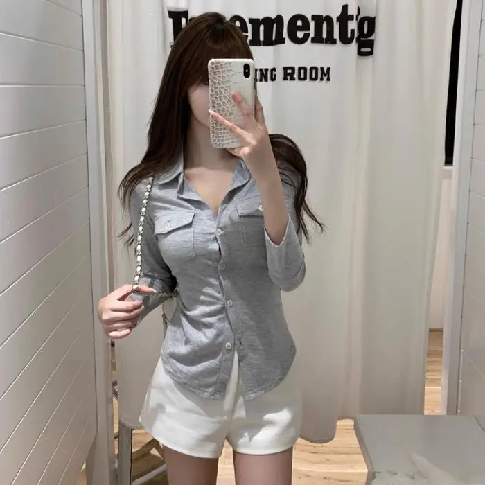 Elegant Pure Style Sexy Lapel Long-sleeved Shirt Women's Spring and Summer Slim-fit Tight Waist Shirt White Cardigan Top Cross-border - Image 3