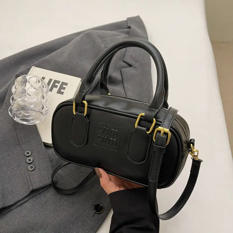 2025 Women's Black Textured Shoulder Bag with Flower Tassel - Image 6