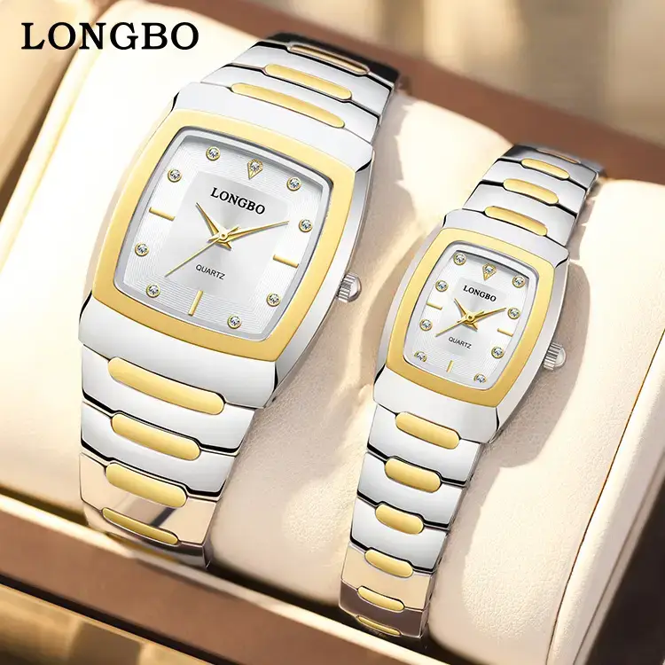 Longbo Gold Silver Quartz Couple Watch with Calendar - Image 17