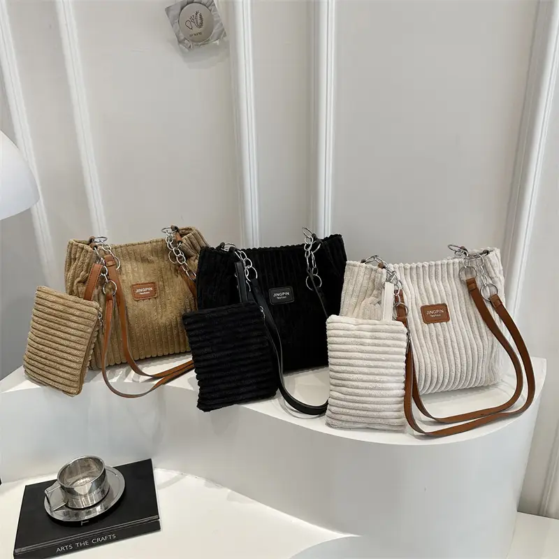 Women's 2-Piece Corduroy Chain Armpit Bag Tote - Image 7