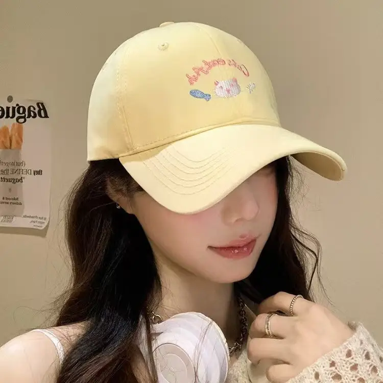Women Kitten Embroidered Baseball Cap Yellow Large Head