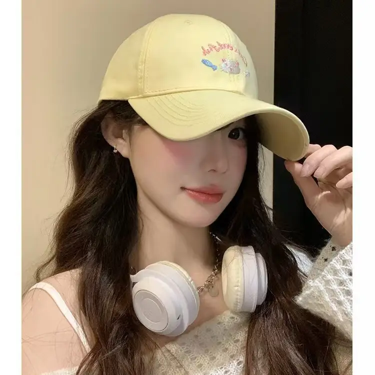 Women Kitten Embroidered Baseball Cap Yellow Large Head
