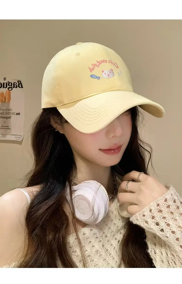 Women Kitten Embroidered Baseball Cap Yellow Large Head — feature 10