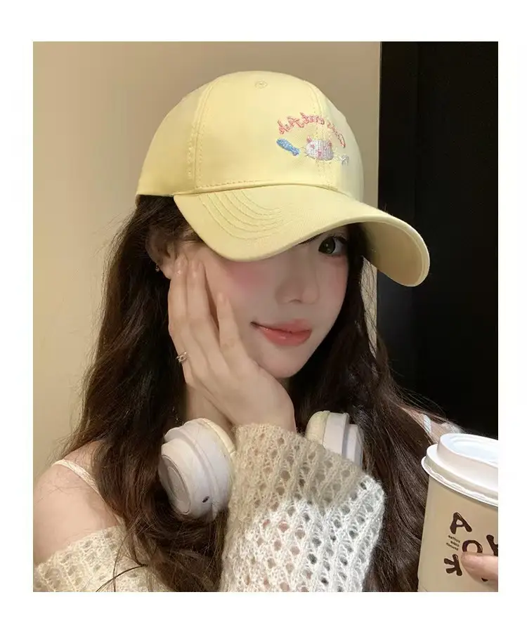 Women Kitten Embroidered Baseball Cap Yellow Large Head — feature 12