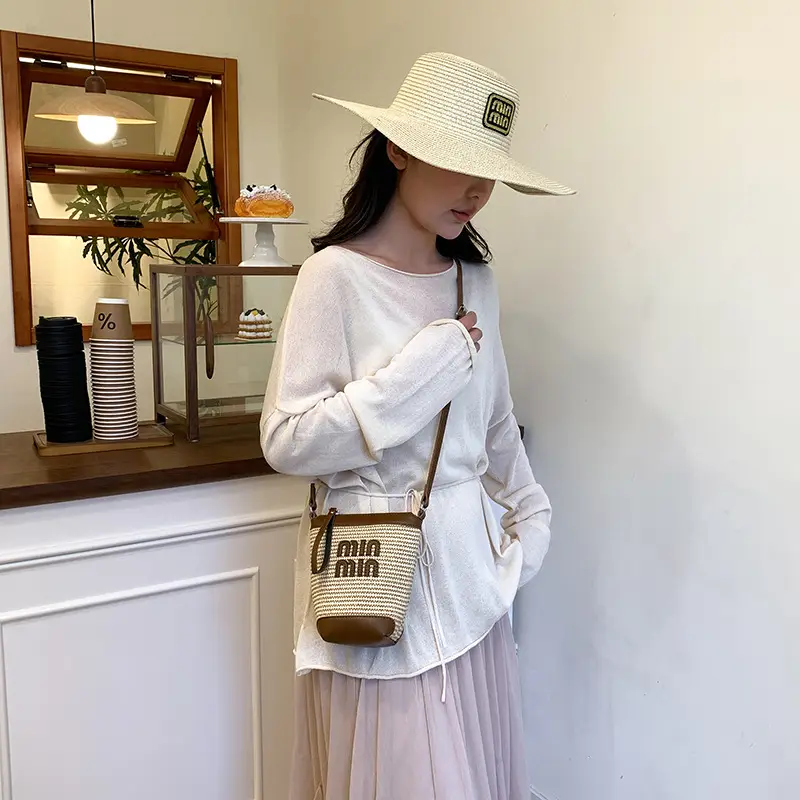 Women's Straw Mobile Phone Bag with Monogram Print - Image 2