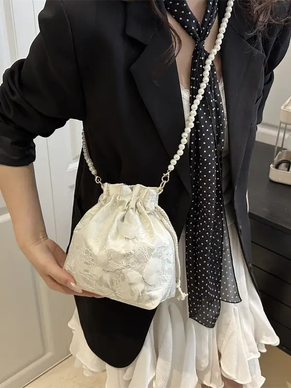 Gold Embroidered Pearl Bucket Bag for Women