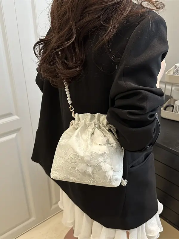 Gold Embroidered Pearl Bucket Bag for Women