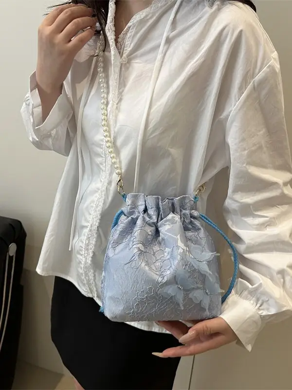 Gold Embroidered Pearl Bucket Bag for Women