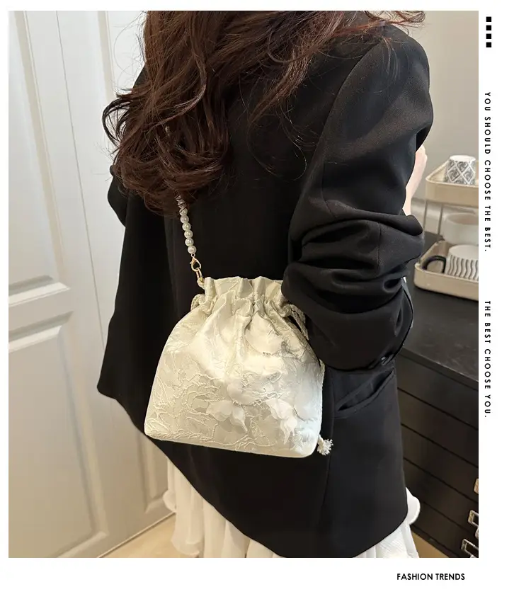 Gold Embroidered Pearl Bucket Bag for Women — feature 1