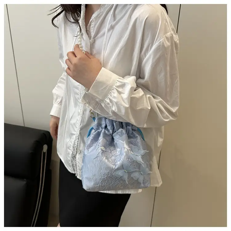 Gold Embroidered Pearl Bucket Bag for Women — feature 11