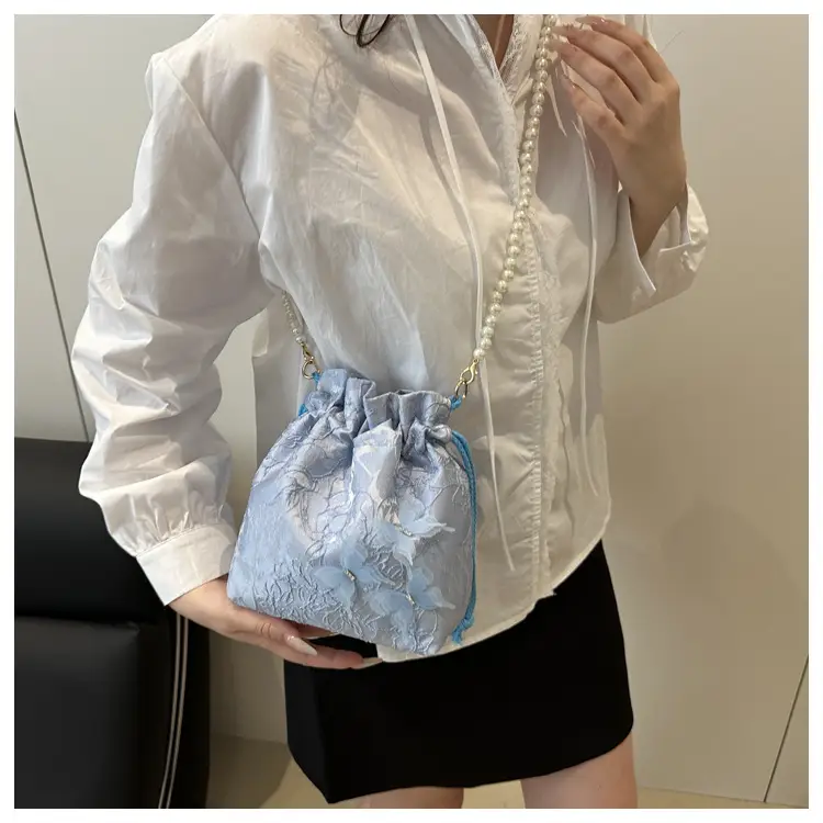 Gold Embroidered Pearl Bucket Bag for Women — feature 12