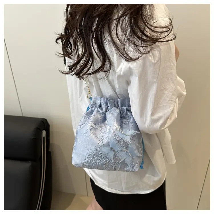 Gold Embroidered Pearl Bucket Bag for Women — feature 13