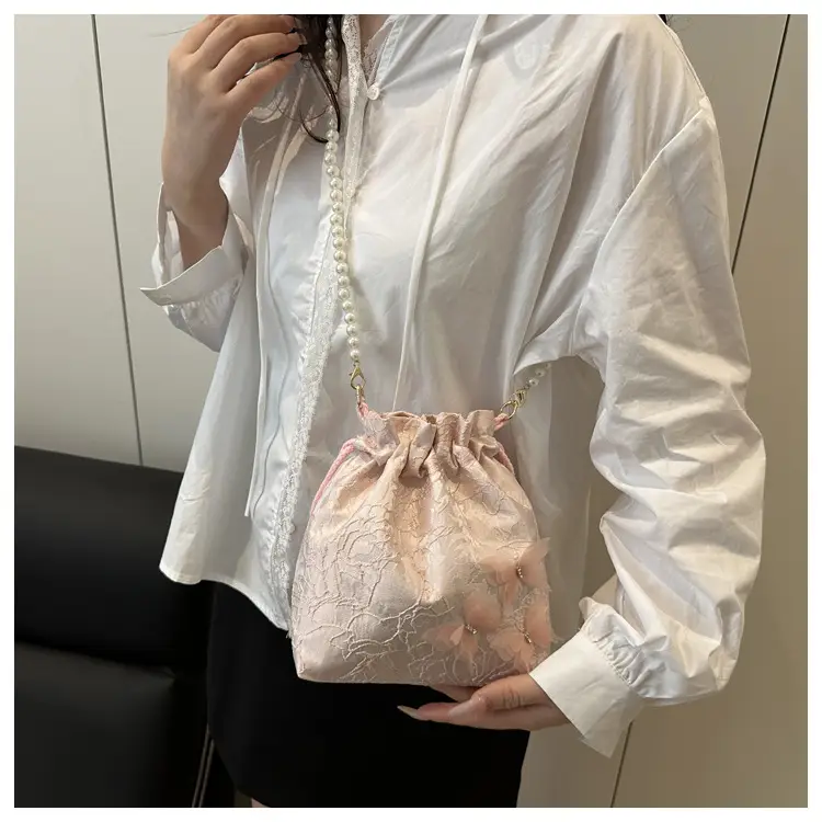 Gold Embroidered Pearl Bucket Bag for Women — feature 14